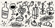 © annetdebar - Set of dinner elements. Doodle vector illustrations of food and wine. Trendy scribble punk texture. Italian lunch icons. Party or romantic day collection. Cheese and flowers