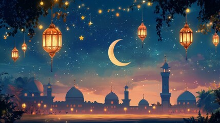 Aufkleber - Illustrate a serene Eid Mubarak evening with a crescent moon and star prominently visible in the sky.