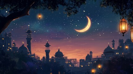 Aufkleber - Illustrate a serene Eid Mubarak evening with a crescent moon and star prominently visible in the sky.