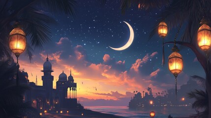 Aufkleber - Illustrate a serene Eid Mubarak evening with a crescent moon and star prominently visible in the sky.