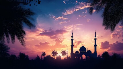Aufkleber - Illustrate a serene Eid Mubarak scene with a traditional mosque silhouette against a vibrant sunset sky.