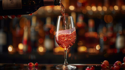 glamour shot, medium shot, wine pouring into a clear glass on bar backgroun