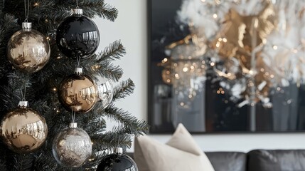 A modern Christmas setting featuring a sleek black tree adorned with silver and gold ornaments alongside elegant decor, capturing a blend of minimalism and luxury