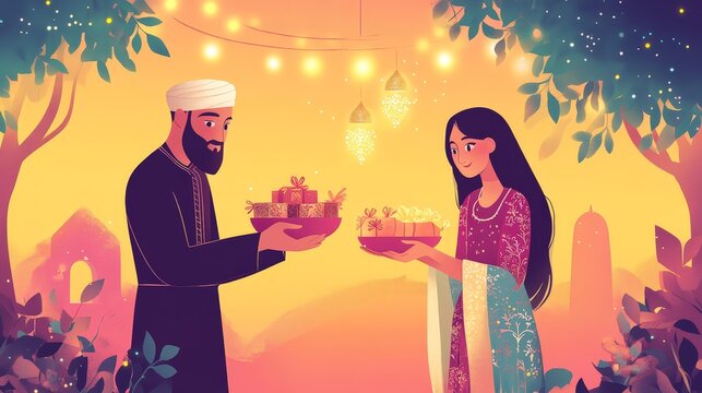 Illustrate a traditional Eid Mubarak ceremony with individuals exchanging heartfelt greetings and gifts.