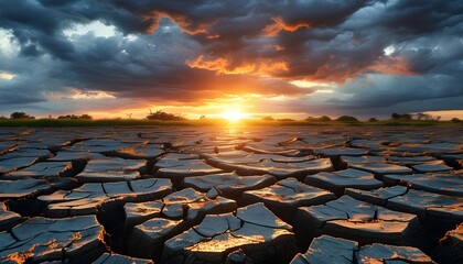 Dramatic sunset over cracked earth beneath stormy clouds, illustrating the impact of extreme weather and climate change.