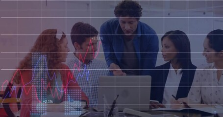 Poster - Animation of financial data processing over diverse colleagues discussing work in office