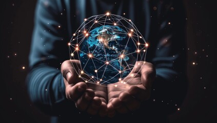 Person holding an Earth globe with glowing connections, symbolizing global network social media global connectivity connections and the relationships of technology in business.