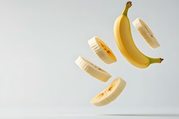 A whole banana and four slices of banana are hovering in mid-air against a white background.