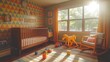 © HuynhThiThuy - A retro fun nursery with bright retro colors, vintage decor including classic rocking horses and toy blocks, bold geometric wallpaper, mid-century modern crib,