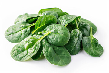 Pile of fresh green healthy baby spinach leaves on white background