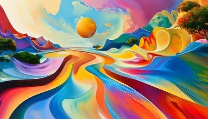 Vibrant surreal abstract landscape with flowing shapes and colorful streams creating a dreamlike artistic vision