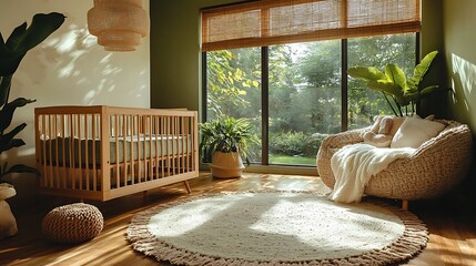 A serene eco-friendly nursery with natural wood crib, organic cotton bedding, earthy tones of taupe and green, large windows allowing sunlight to filter through bamboo shades, cozy wool rug,