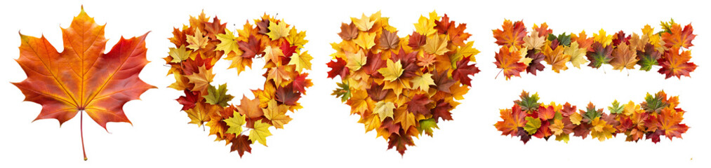 Wall Mural - Autumn leaves decoration elements - heart frame and border garlands, isolated on transparent white background, png element collection. Colorful orange and yellow fall leaves design clipart