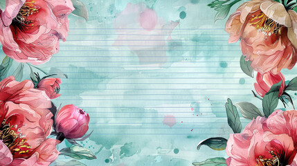 Wall Mural - old vintage grunge wide paper journal with empty space in the middle and watercolor blooming Peony flowers with leaf border frame