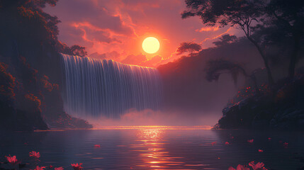 beautiful sunset waterfall view