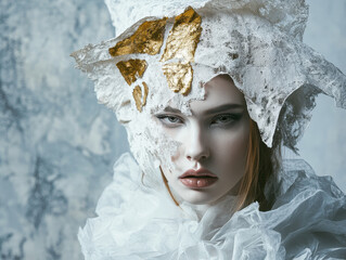 Wall Mural - A striking fashion shoot showcasing avant garde elements, featuring model with unique headpiece made of lace and gold accents. artistic expression captures blend of elegance and boldness