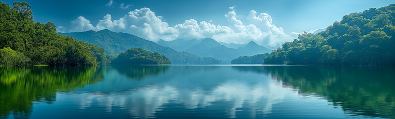 The still waters of the dam reflect the surrounding green hills and cloudy sky, creating a serene and remote atmosphere. This image was generated by AI