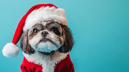 The adorable Shih Tzu is wearing a classic Santa outfit, complete with a red coat and fluffy hat, perfectly suited for celebrating the festive season.