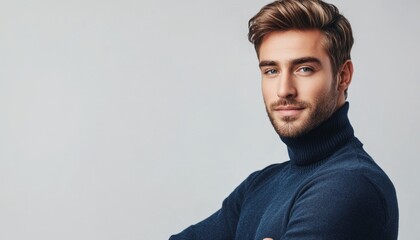 Wall Mural - handsome green-eyed muscular man model with unshaven stubble wearing in blue turtleneck on light background, copy space