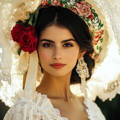 Wall Mural - sensuality beautiful Spanish woman in white dress with rose flower and hat on head, closeup