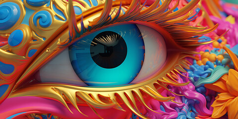 Colorful surreal eye with intricate designs, vibrant tones, fantasy concept, close-up