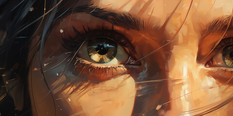  Digital Art of a Woman's Intense Gaze with Dynamic Brushstrokes in Warm Lighting