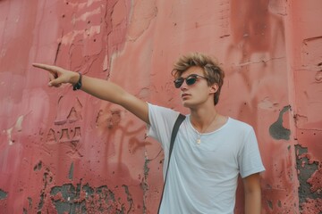 Wall Mural - A young fashionable guy points his finger