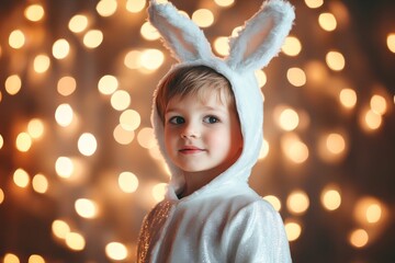 Handsome caucasian little boy in bunny costume on festive bokeh background, masquerade ball