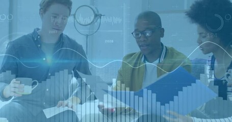 Poster - Animation of financial data processing over diverse colleagues discussing work in office