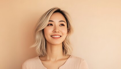 Wall Mural - portrait of asian softly smiling young woman on beige background, copy space