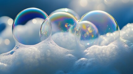 Poster - Colorful soap bubbles on white foam under sunlight