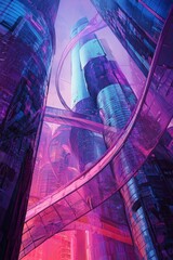 Wall Mural - A futuristic cityscape with skyscrapers that twist and curve, blending organic shapes and sleek glass in vibrant blues and purples.