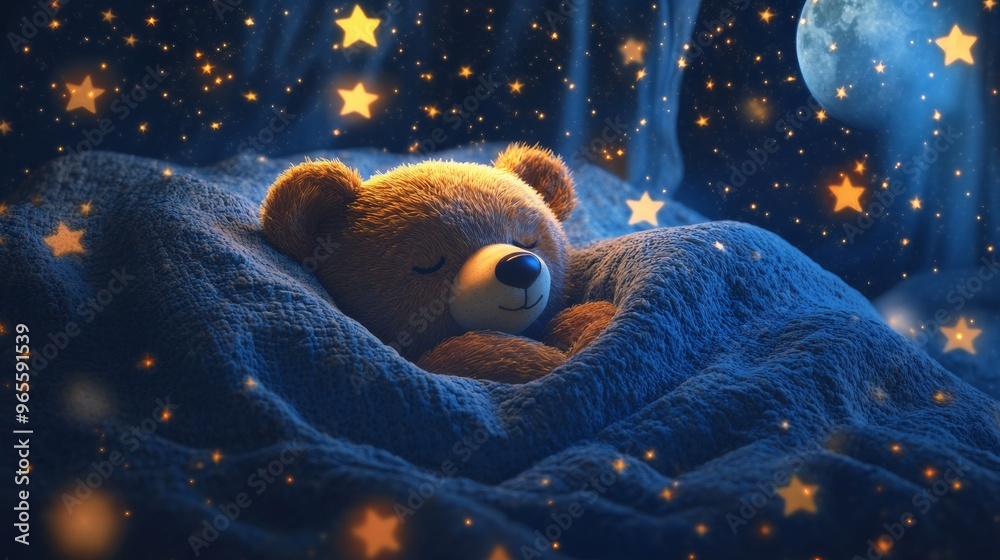 Teddy Bear Sleeping Under a Starry Night Sky. Stock Illustration ...
