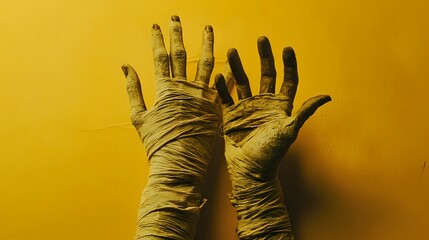 Mummified hands wrapped in dirty, timeworn bandages, fingers splayed as if in pain, against a solid mustard yellow background, the bandages are frayed and slightly torn, low lighting with deep