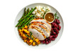 © Vasyl Onyskiv - Plate of Thanksgiving dinner featuring turkey slices, roasted potatoes, cranberry sauce, mashed potatoes, and asparagus isolated on white transparent background. Concept of festive meal