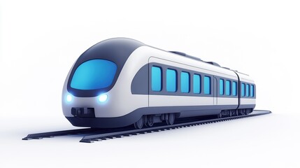 A sleek, modern train design featuring a streamlined shape and bright blue accents, positioned on a set of tracks against a clean, minimal background