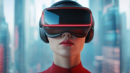 Wall Mural - A woman wearing a virtual reality headset with her eyes closed, AI