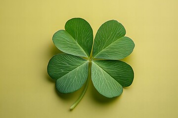 st Patrick clover Close up of green shamrock leaf for luck on yellow background