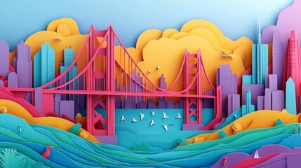 Wall Mural - Golden Gate Whimsy: Vivid 3D Paper Cutting of San Francisco Cityscape