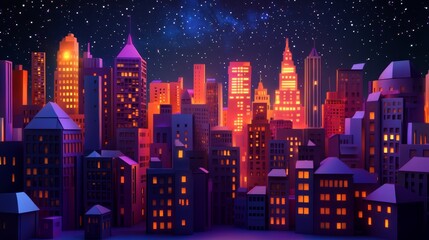 Dreamy Paper Art Cityscape: Ultra Bright 3D Rendering of Vivid Night metropolis with Colorful Illuminated Buildings and Stars