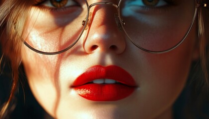 Close-Up of Woman with Sleek Red Lips Stylish Glasses