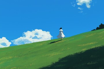 Wall Mural - This is an abstract illustration of Happy girl having a run outdoors on the field in spring, with a dynamic scene, viewed from below, created by AI.