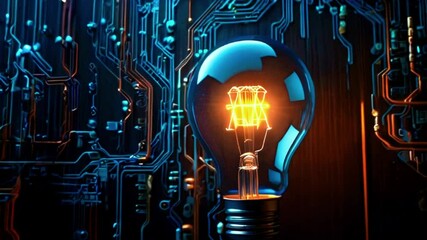 Canvas Print - A glowing light bulb sits on a circuit board, representing a new idea or innovation.