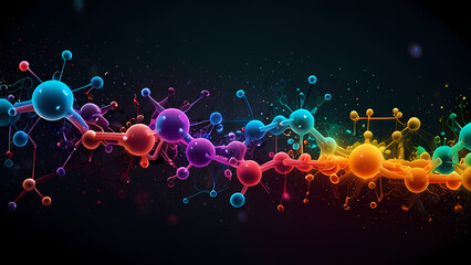 abstract background of interconnected molecules in vibrant, neon colors, with particles floating in a dark space