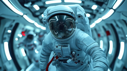 Canvas Print - A man in a spacesuit walking through an alien spaceship, AI