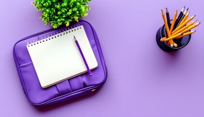 Wall Mural - Purple pencil case surrounded by colorful pencils and notebooks against a matching purple backdrop on an organized office desk