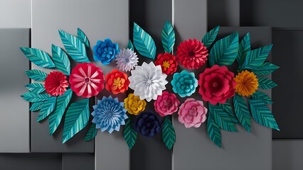 Top view of colorful paper flowers and green plants with leaves on grey background