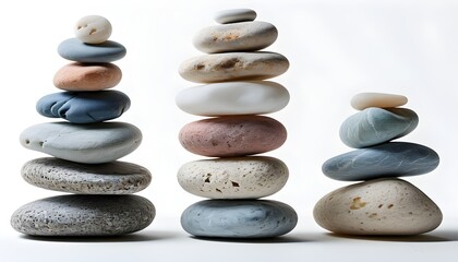 Sticker - Harmony and Balance: A Pyramid of Balanced Pebbles on a White Background