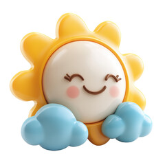 A cheerful cartoon sun with a smiling face, surrounded by two soft blue clouds, radiating positivity and warmth in a playful design