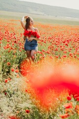 Canvas Print - Woman poppies field. portrait happy woman with long hair in a poppy field and enjoying the beauty of nature in a warm summer day.